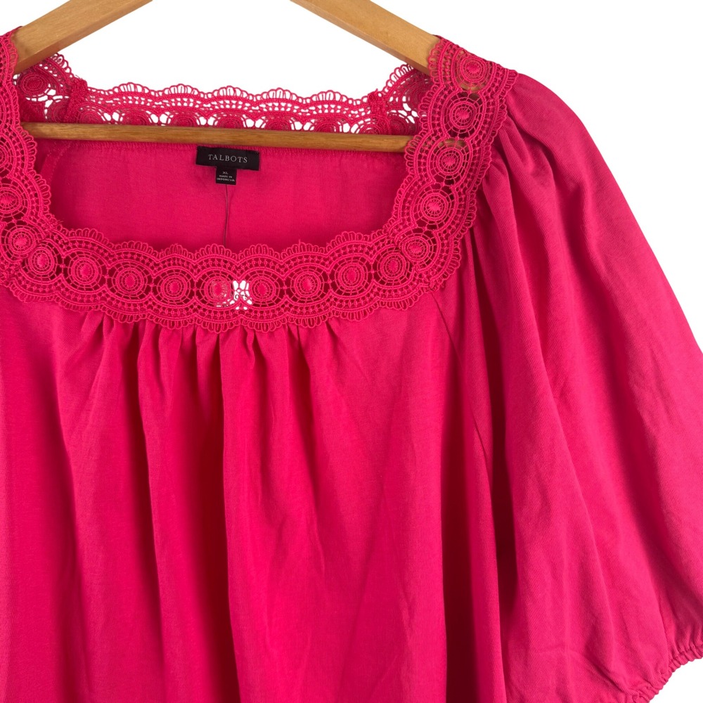 Talbots Crochet Trim Top Women XL Pink Square Neck Puff Sleeve 56288940